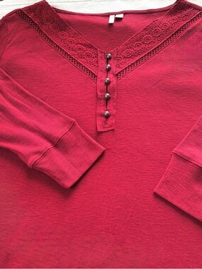 Cato Burgundy Red Ribbed Henley Thermal Top Size XL